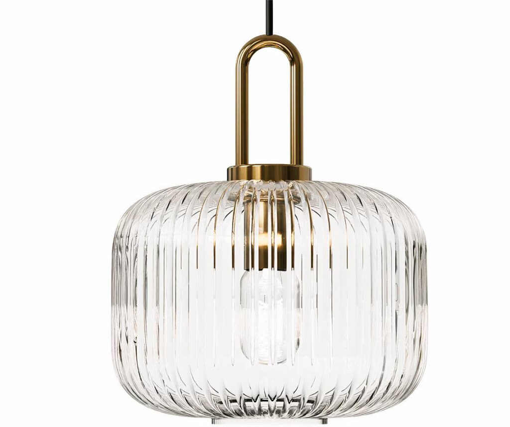 Suspension vintage moderne en pierre de verre. Le verre est de forme ovale et la partie métallique est dorée. L'ampoule à l'intérieur est éteinte.