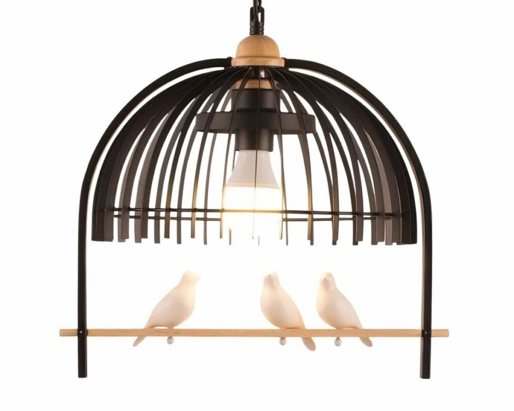 Suspension cage oiseau LED raffinée style nordique sur fond blanc.