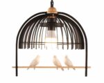 Suspension cage oiseau LED raffinée style nordique sur fond blanc.