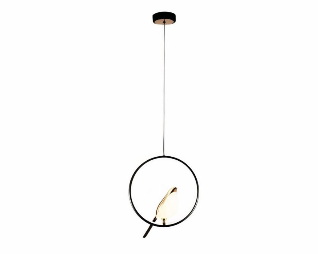 Suspension cage oiseau LED tendance et minimaliste sur fond blanc.