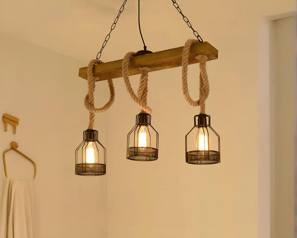 Suspension corde rétro au style industriel en osier allumée dans un intérieur