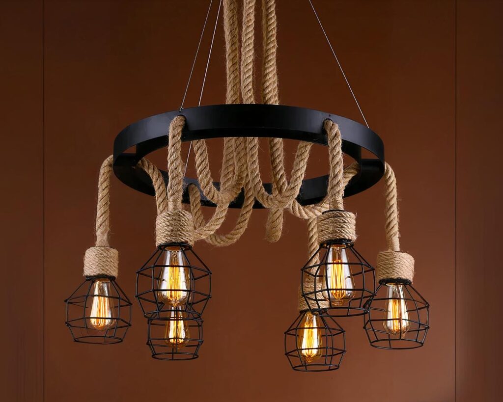 Suspension corde vintage au design créatif et innovant allumée sur fond sombre