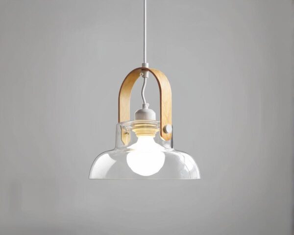 Suspension filaire élégante et moderne en verre allumée sur fond gris