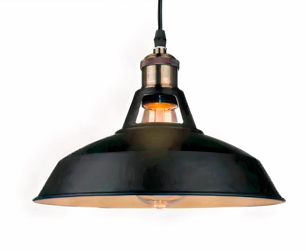 Suspension industrielle et épurée de style vintage allumée sur fond blanc