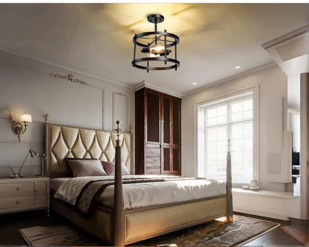 Suspension industrielle noire et vintage en fer dans une chambre