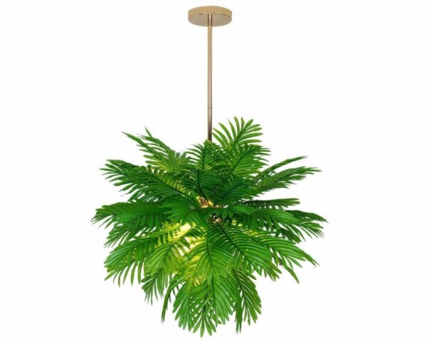 Suspension jungle style botanique, effet de feuillage vert sur fond blanc.