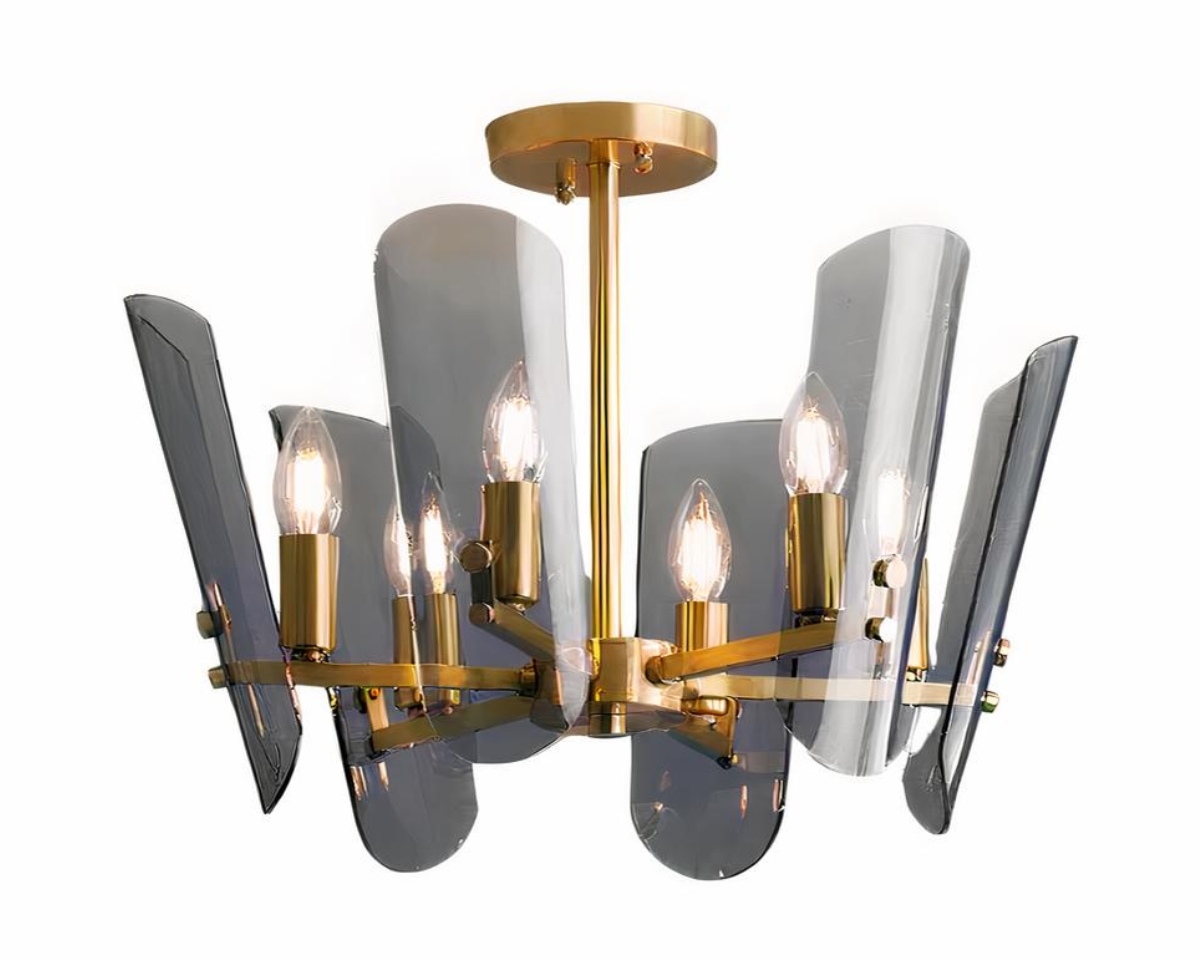 Suspension laiton LED avec diffuseurs en verre fumé sur fond blanc.