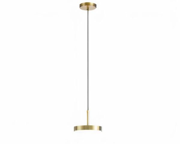 Suspension laiton LED sobre style nordique sur fond blanc.