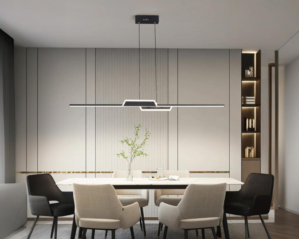 Suspension LED chic et moderne allumée dans une salle à manger