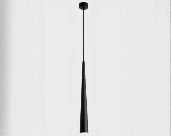 Suspension LED noire moderne au design épuré sur fond gris