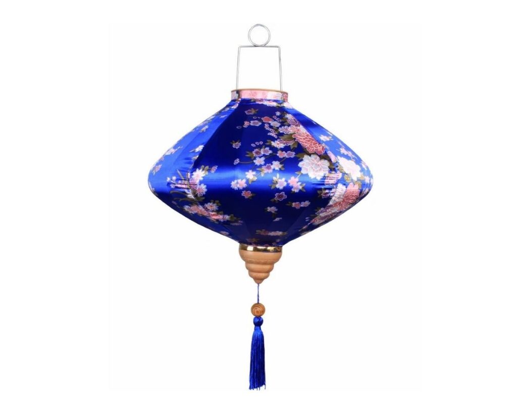 Abat-jour suspension papier japonais rétro fleurs de couleur bleue sur fond blanc.