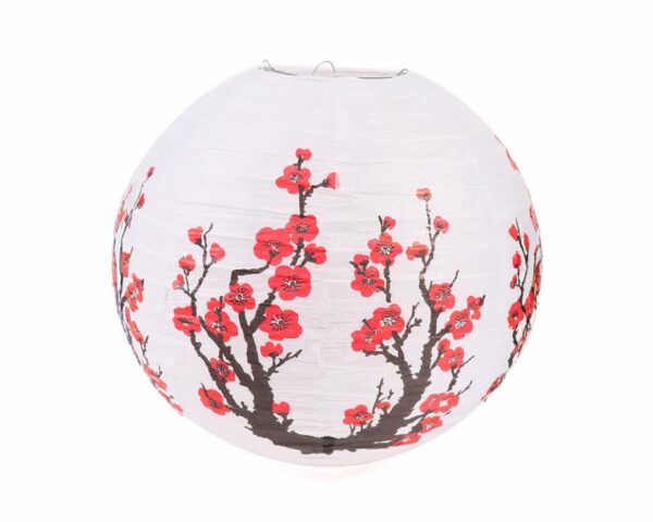 Suspension boule en papier japonais blanc, avec des fleurs rouges dessus