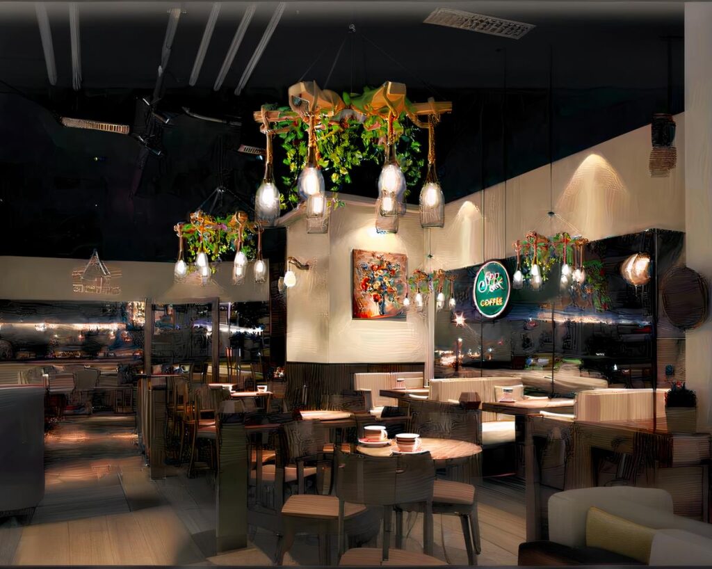 Suspension plante créative et élégante au style industriel allumée dans un restaurant
