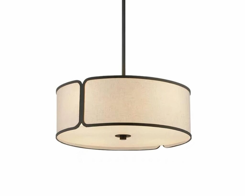 Suspension tissu LED circulaire style chinois sur fond blanc.