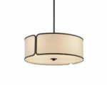 Suspension tissu LED circulaire style chinois sur fond blanc.