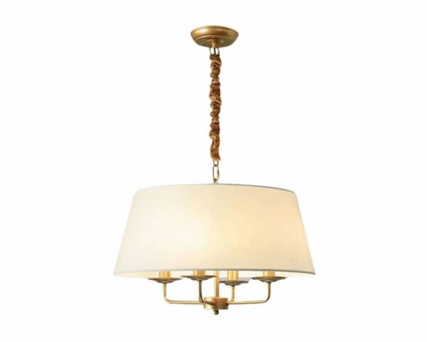 Suspension tissu LED style lustre avec abat-jour sur fond blanc.