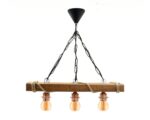 Suspension trois lampes vintage et raffinée en bois sur fond blanc