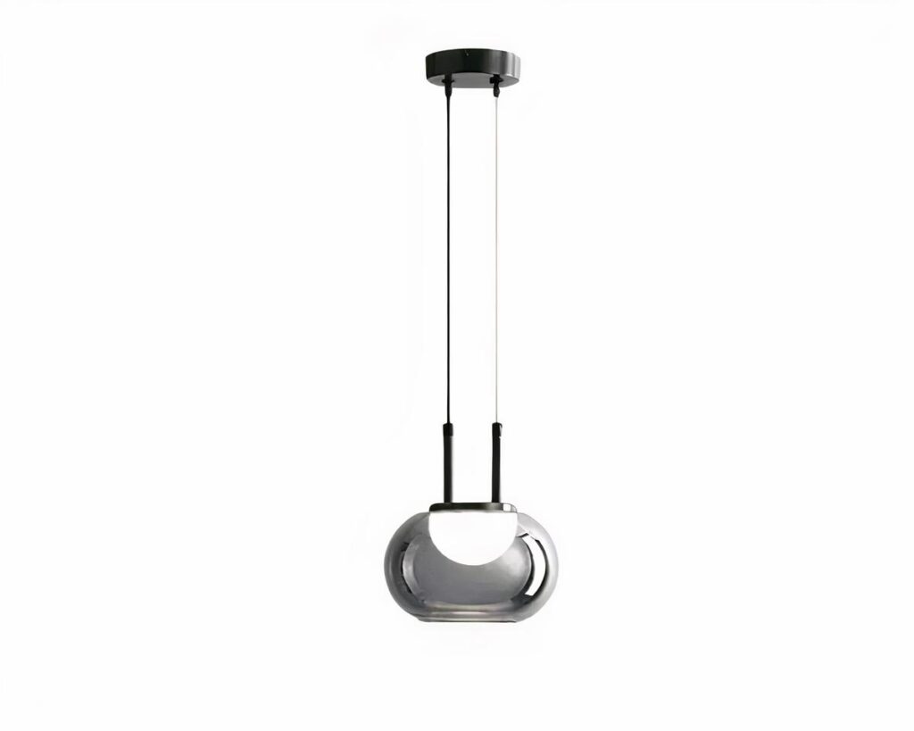 Suspension verre fumé LED contemporaine à éclairage doux sur fond blanc