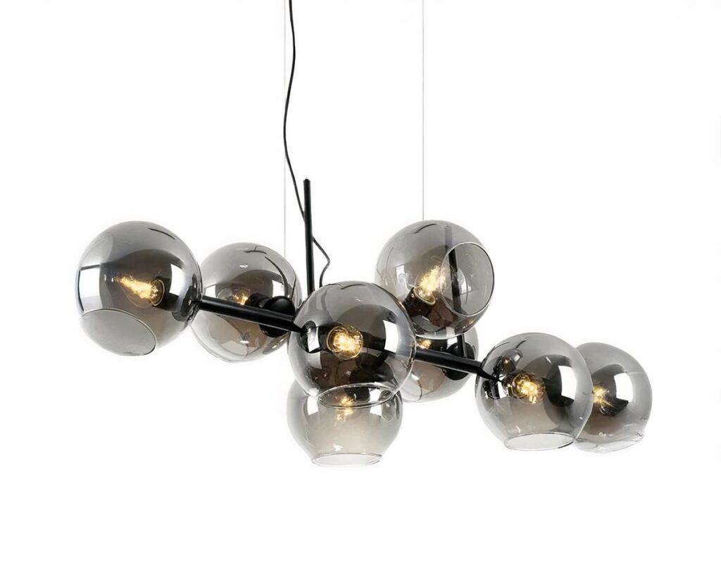 Suspension verre fumé LED avec sphères lumineuses sur fond blanc