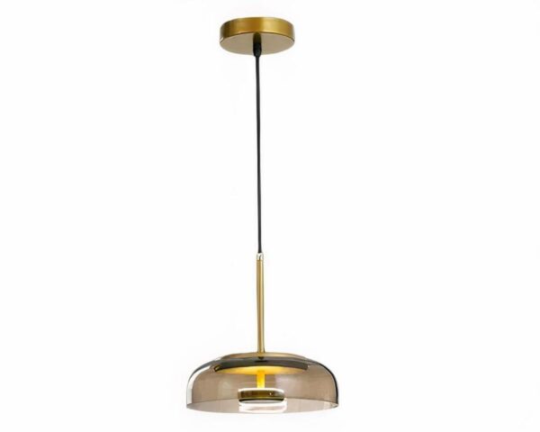 Suspension verre fumé LED artistique et décorative sur fond blanc.