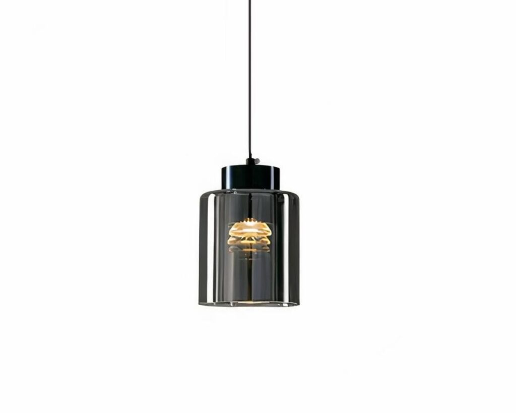 Suspension verre fumé LED style industriel moderne sur fond blanc.