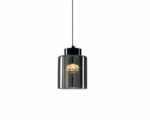 Suspension verre fumé LED style industriel moderne sur fond blanc.