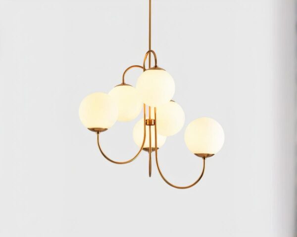 Suspension XXL lumière sphérique dorée, avec boule en verre allumée, suspendue et sur fond gris clair.