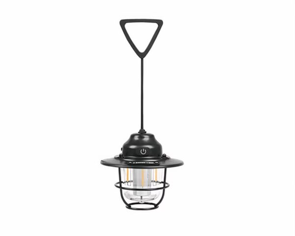 Petite lampe étanche noire ressemblant à une lanterne, sur fond blanc.