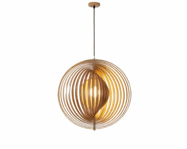Suspension boule LED artistique en bois sur fond blanc
