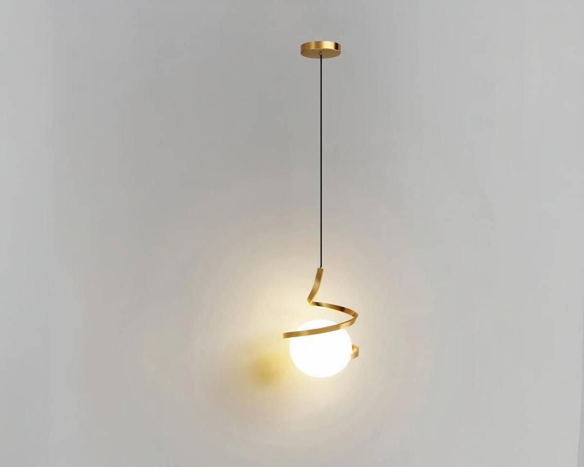 Suspension boule LED dorée avec spirale élégante sur fond gris