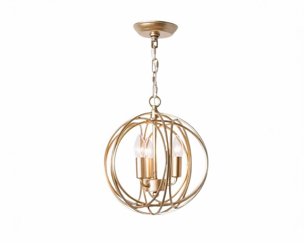 Suspension boule LED avec formes géométriques sur fond blanc
