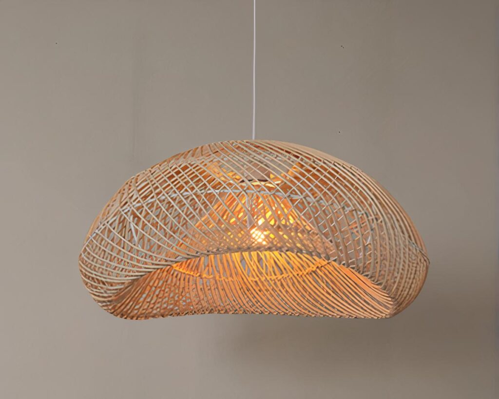 Suspension champignon vintage en rotin sur fond gris