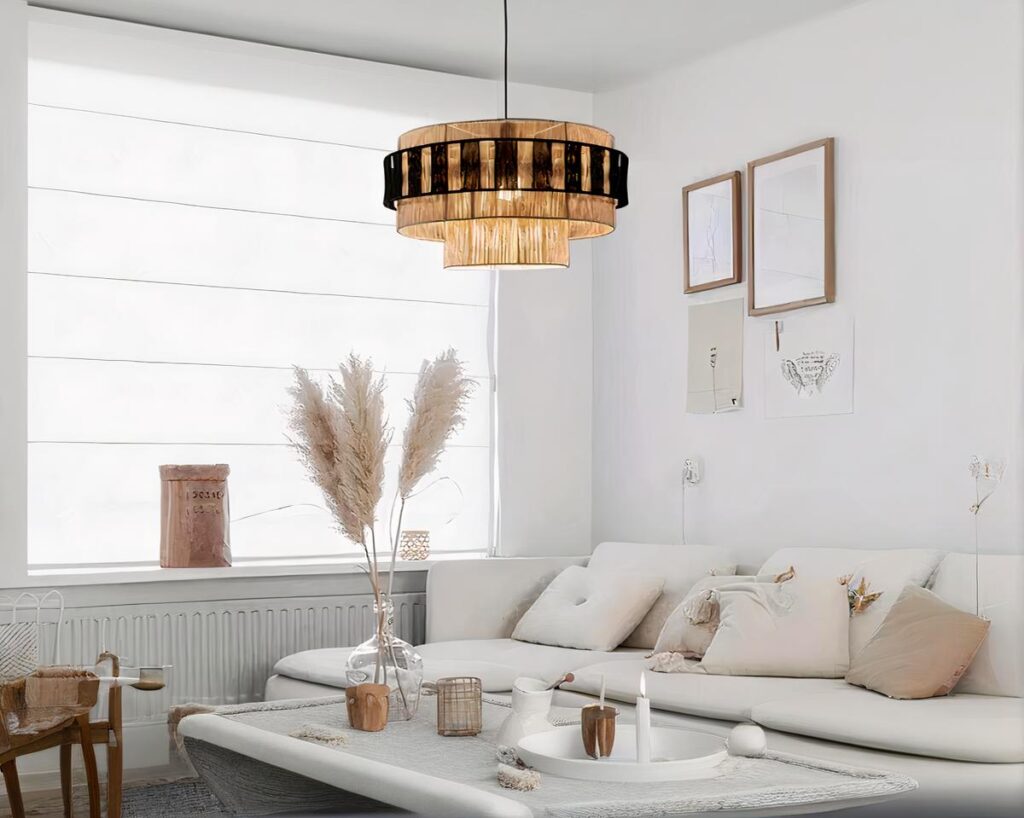 Suspension circulaire en corde de chanvre sur fond gris