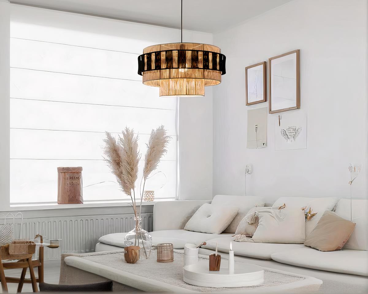 Suspension circulaire en corde de chanvre sur fond gris