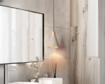 Lustre en cône beige dans une pièce à vivre, dans les tons beiges