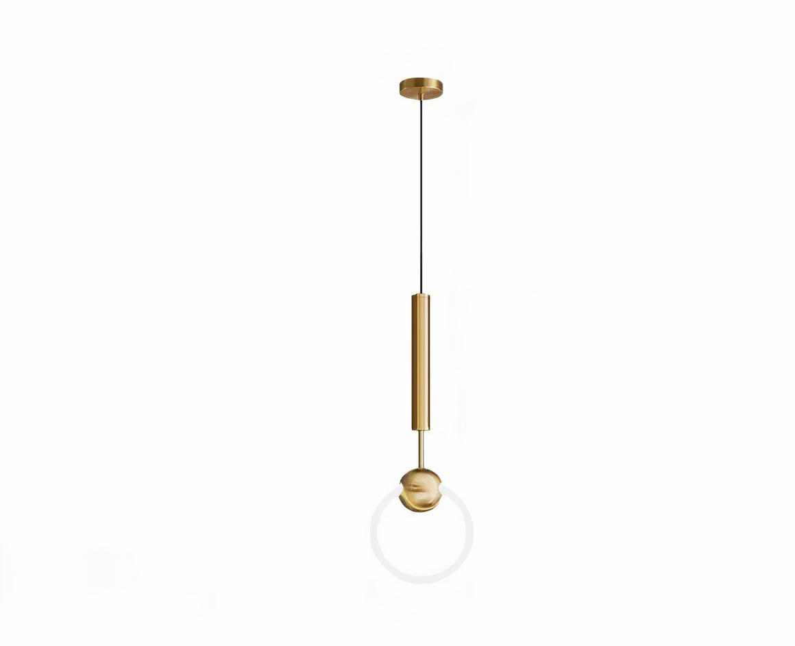 Suspension moderne LED avec anneau lumineux doré sur fond blanc