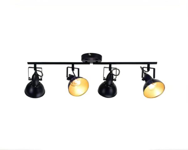 Suspension noire de style projecteur à 4 têtes sur fond blanc