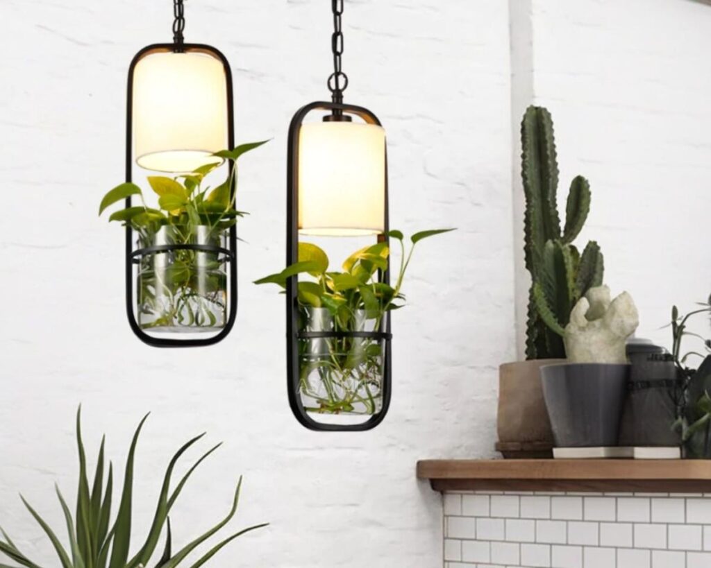 Suspension plante de style moderne sur fond gris