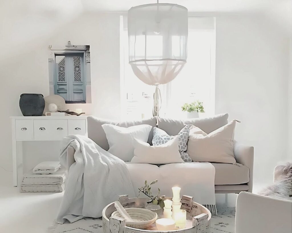 Suspension moderne en tissu blanc, suspendue dans un espace cocooning.