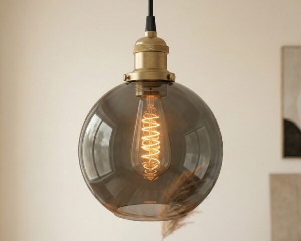 La suspension industrielle design chic en verre fumé avec douille laiton doré et ampoule filament, au-dessus d'une table chêne.