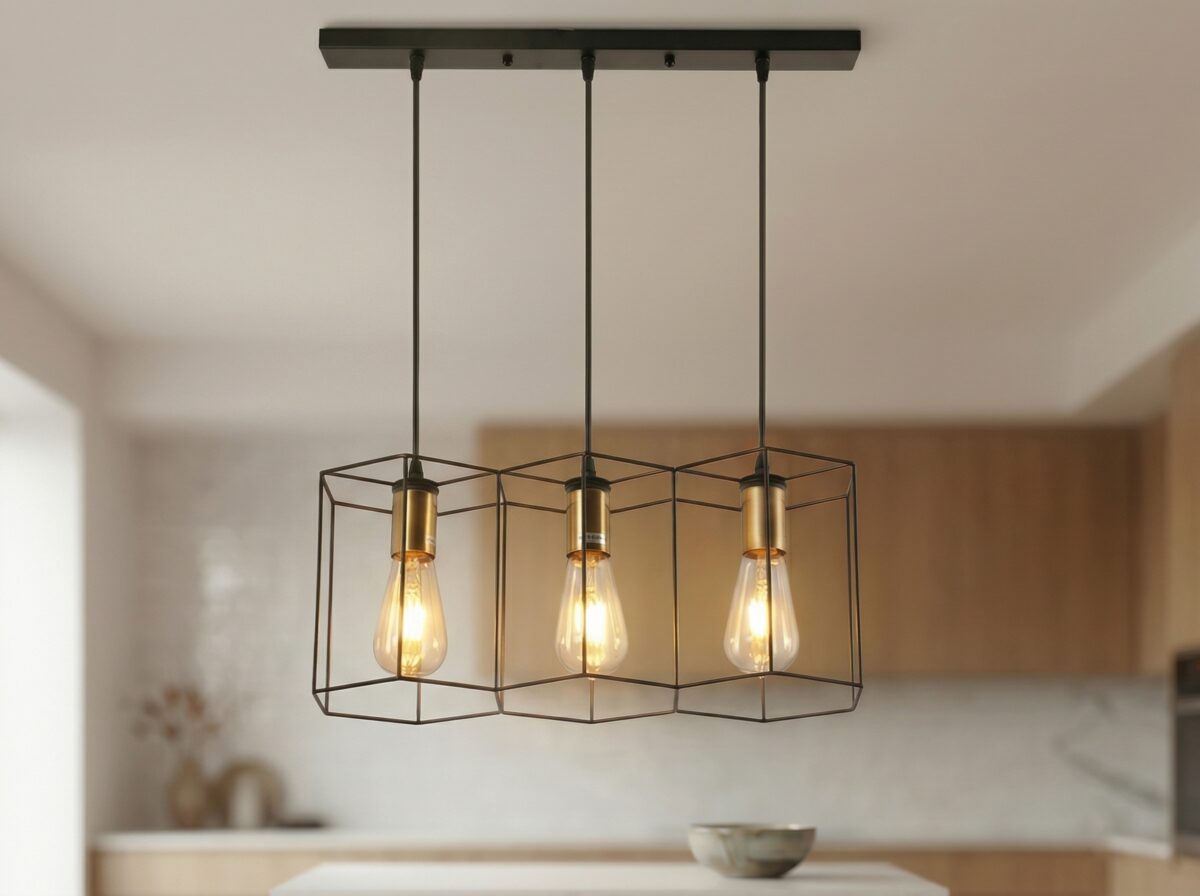 Notre suspension multiple au look industriel moderne en métal, équipée de trois ampoules E27 dans un environnement ensoleillé.