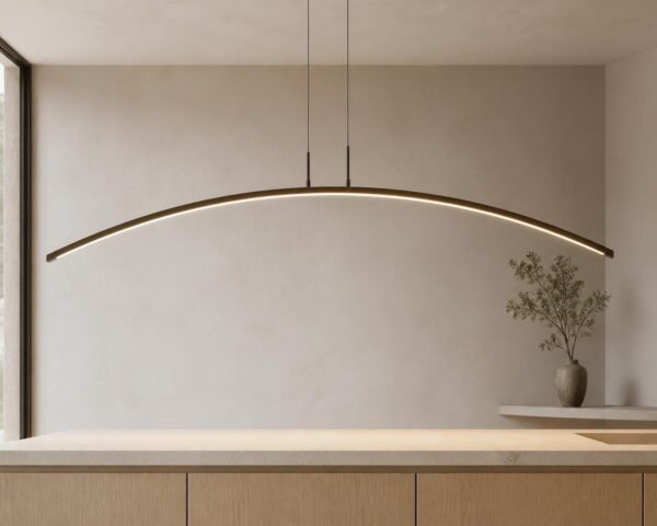 Une suspension cuisine moderne au design arqué, en forme de grand arc lumineux au-dessus d’un plan de cuisine clair, dans une cuisine minimaliste beige.
