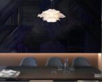 Suspension fleur Ø 60 cm au-dessus d'une table de salle à manger, à l’échelle réelle